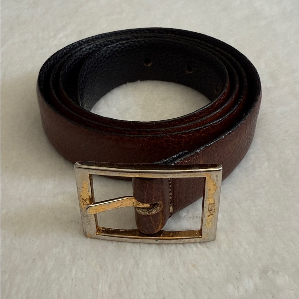 Vintage 1980s "YSL" Monogram Brown Pebbled Leather Belt Solid Brass Unisex 36